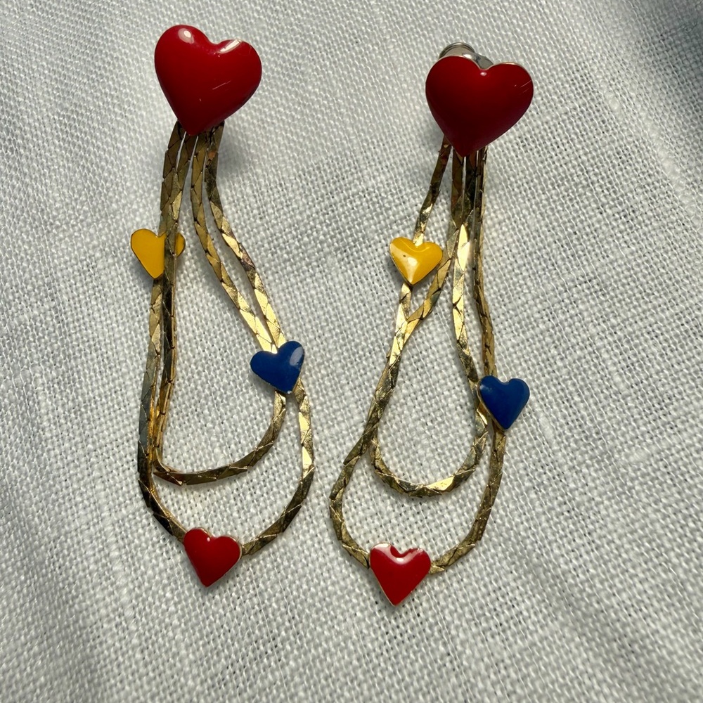 Vintage Gold-Tone Drop Earrings with Red, Blue & Yellow Hearts